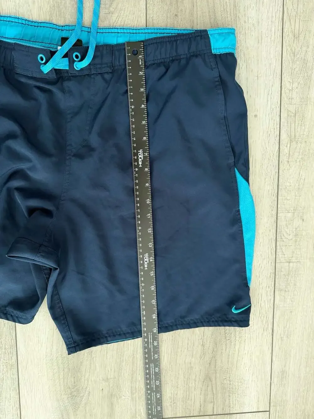 Nike Navy Blue and Turquoise Swim Trunks with Drawstring and Lined Pockets